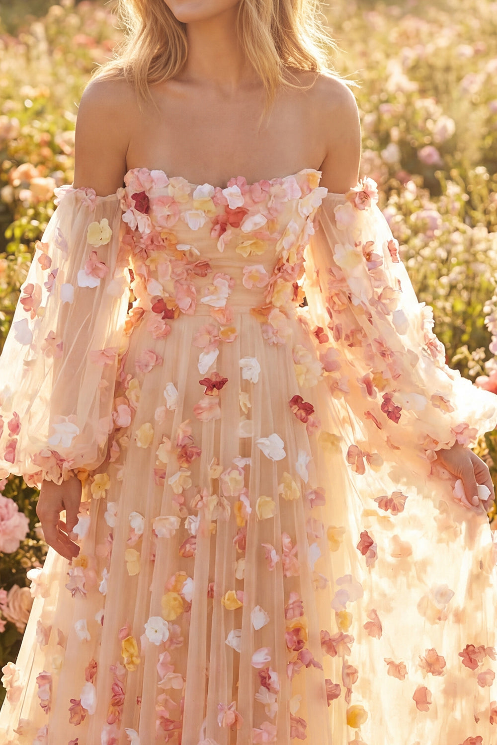 Champagne Strapless A Line Tulle Convertible Long Prom Dress with 3D Flowers