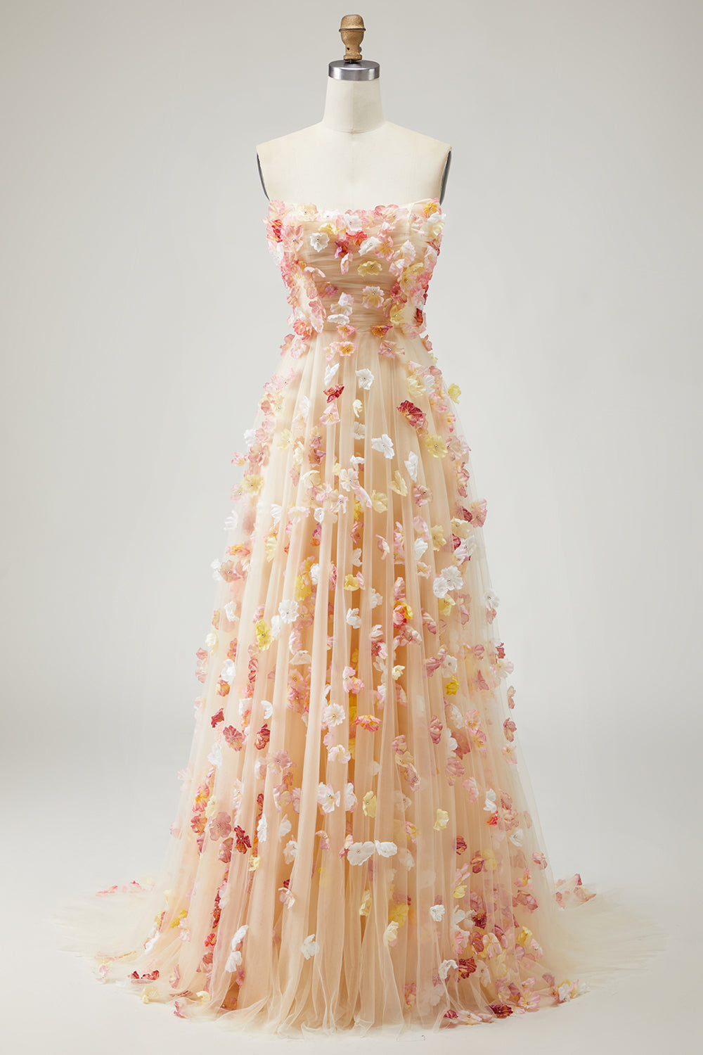 Champagne Strapless A Line 3D Flowers Plus Size Long Prom Dress with Removable Sleeves