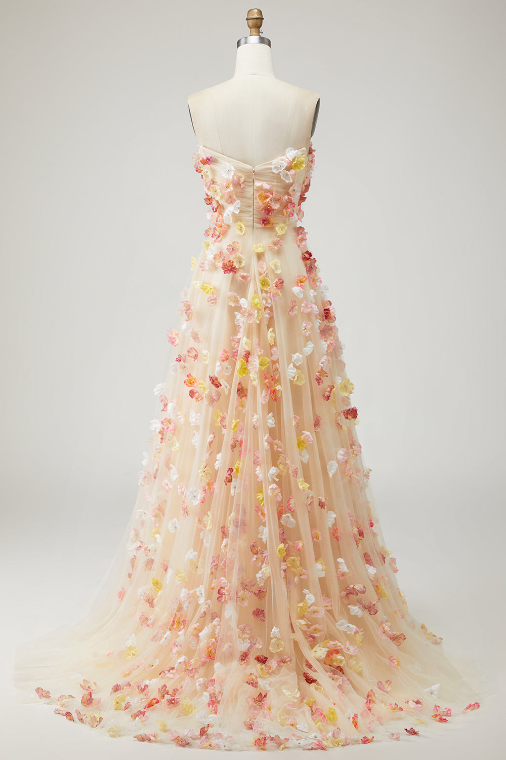 Champagne Strapless A Line Tulle Convertible Long Prom Dress with 3D Flowers