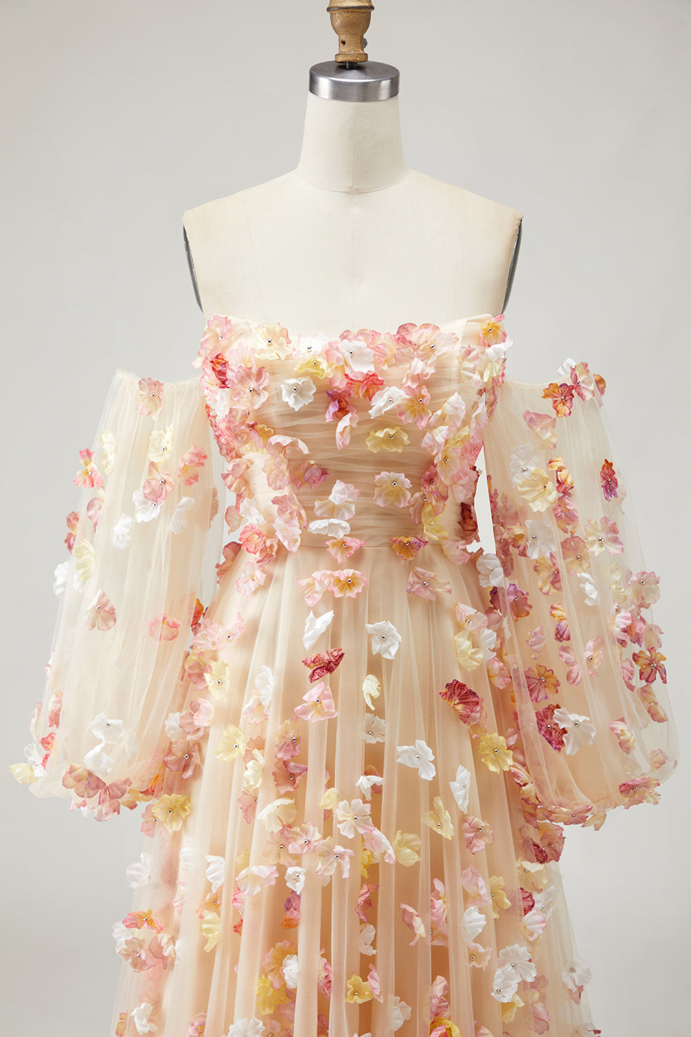 Champagne Strapless A Line 3D Flowers Plus Size Long Prom Dress with Removable Sleeves