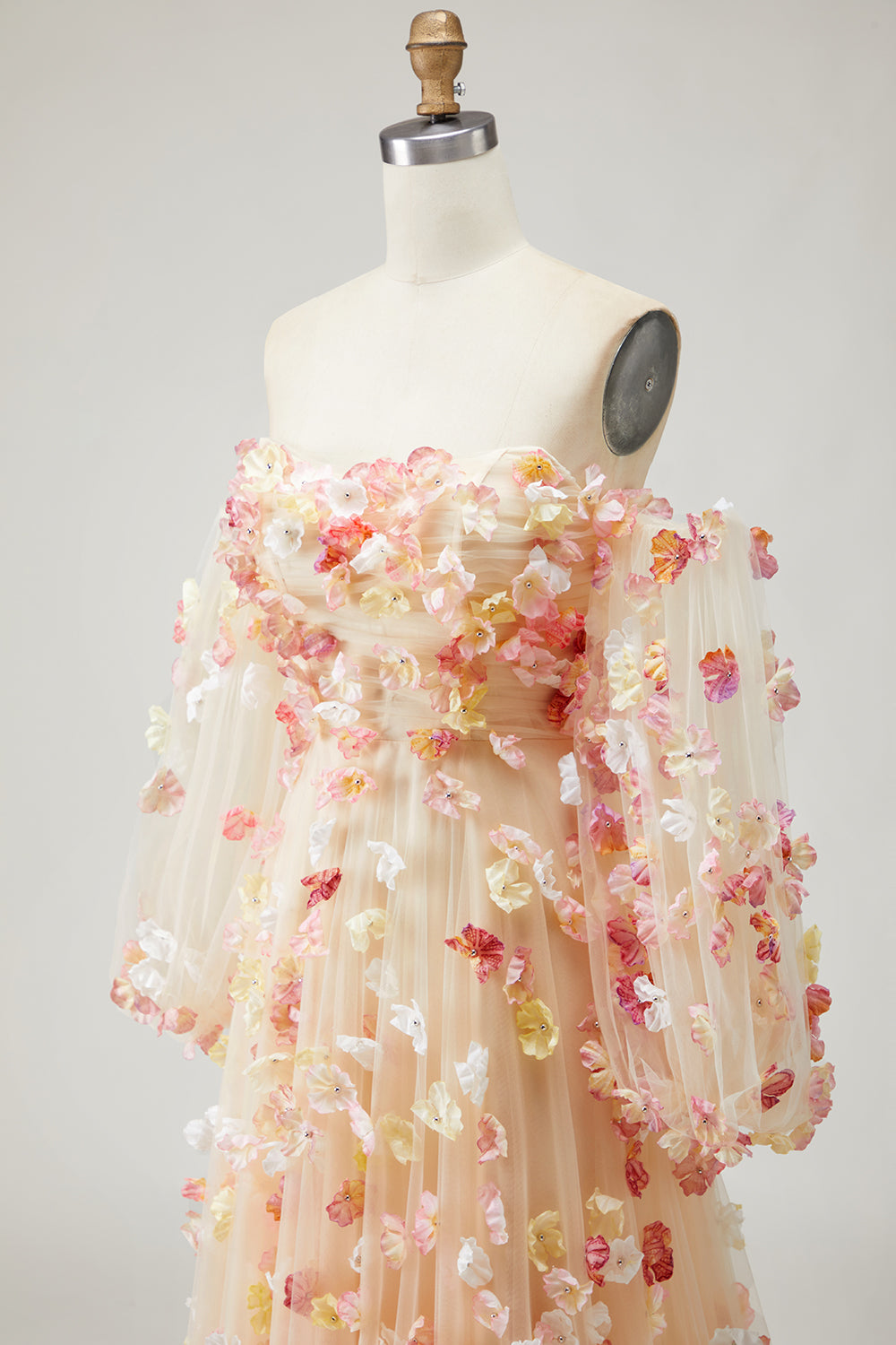 Champagne Strapless A Line 3D Flowers Plus Size Long Prom Dress with Removable Sleeves
