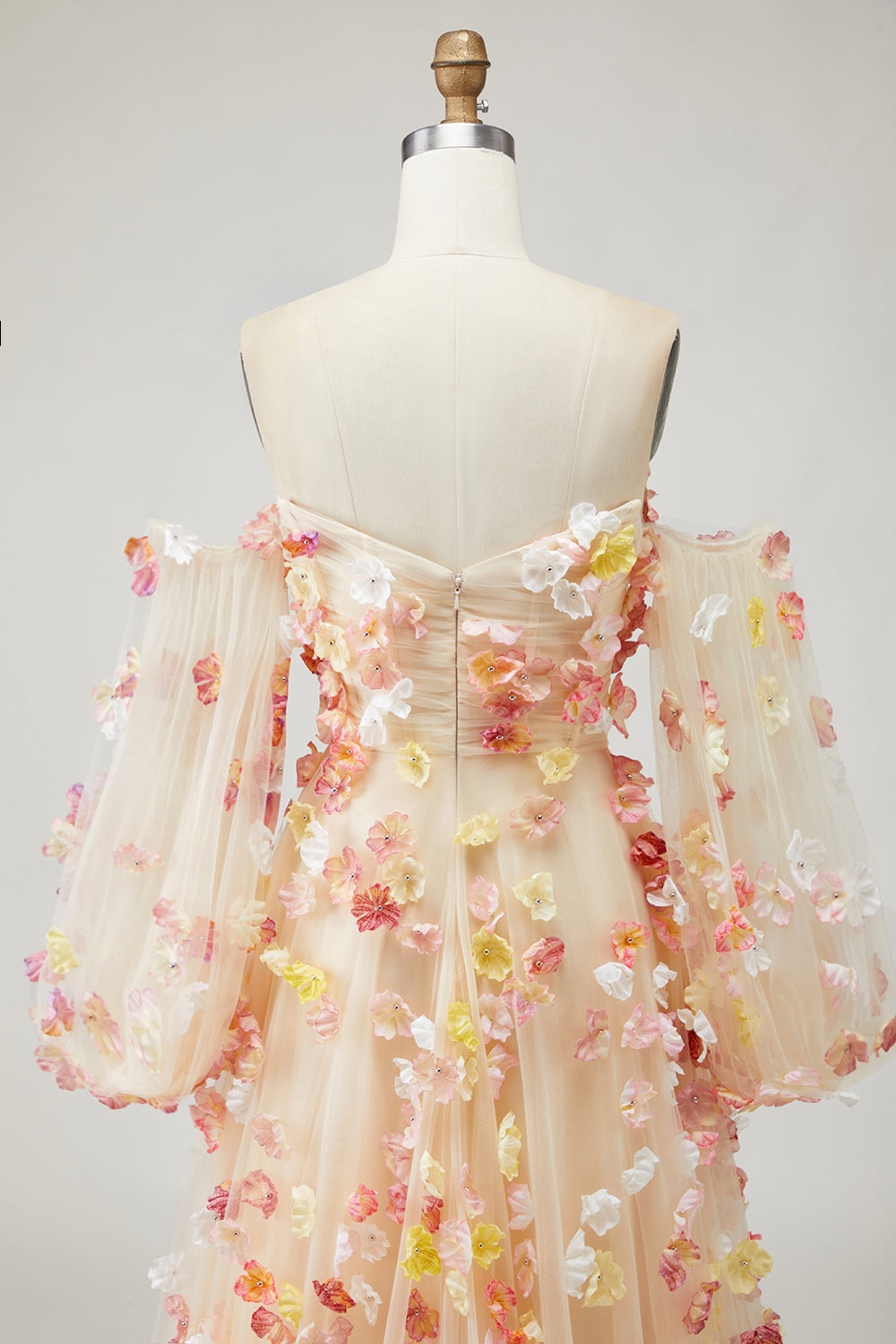 Champagne Strapless A Line 3D Flowers Plus Size Long Prom Dress with Removable Sleeves
