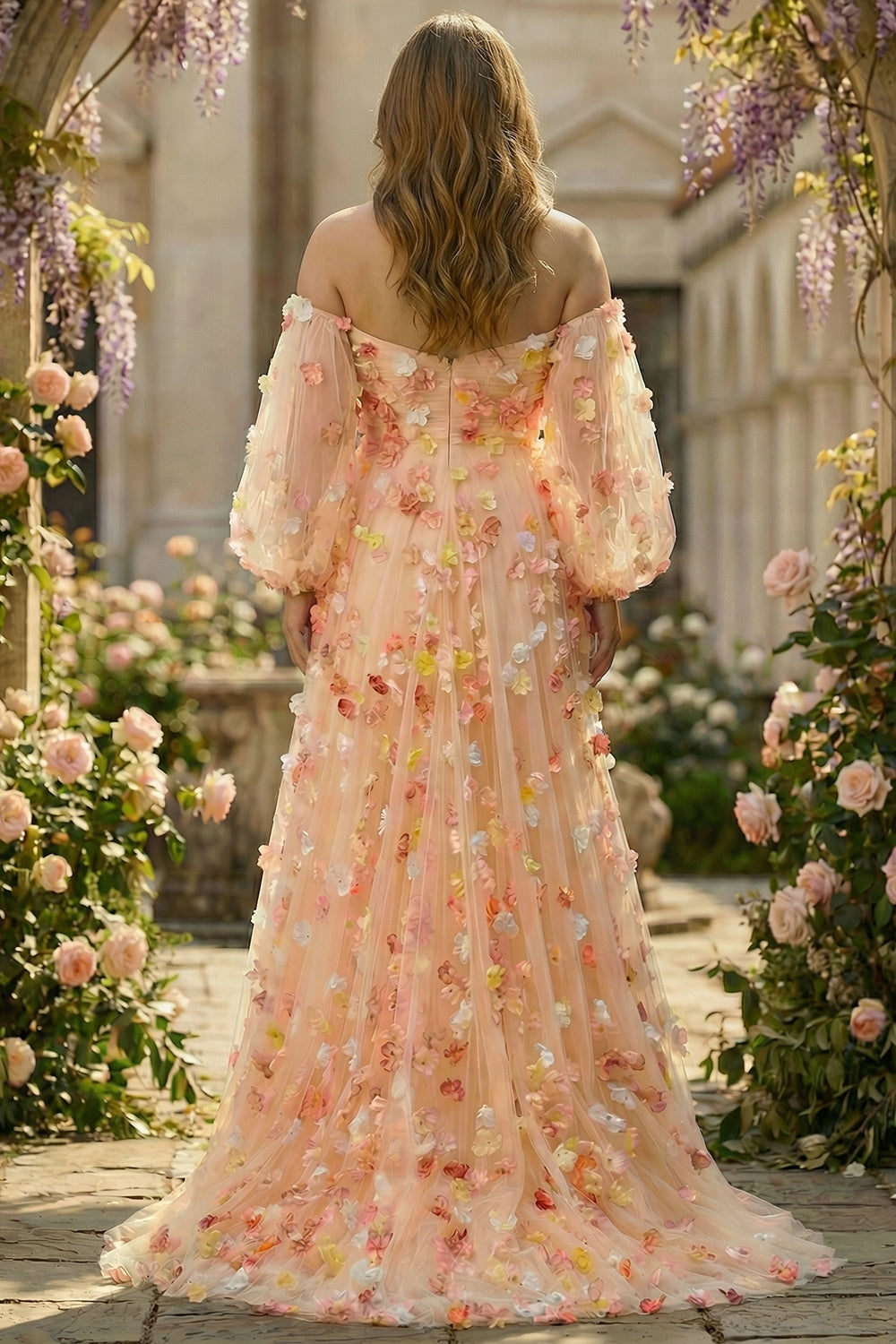 Champagne Strapless A Line 3D Flowers Plus Size Long Prom Dress with Removable Sleeves