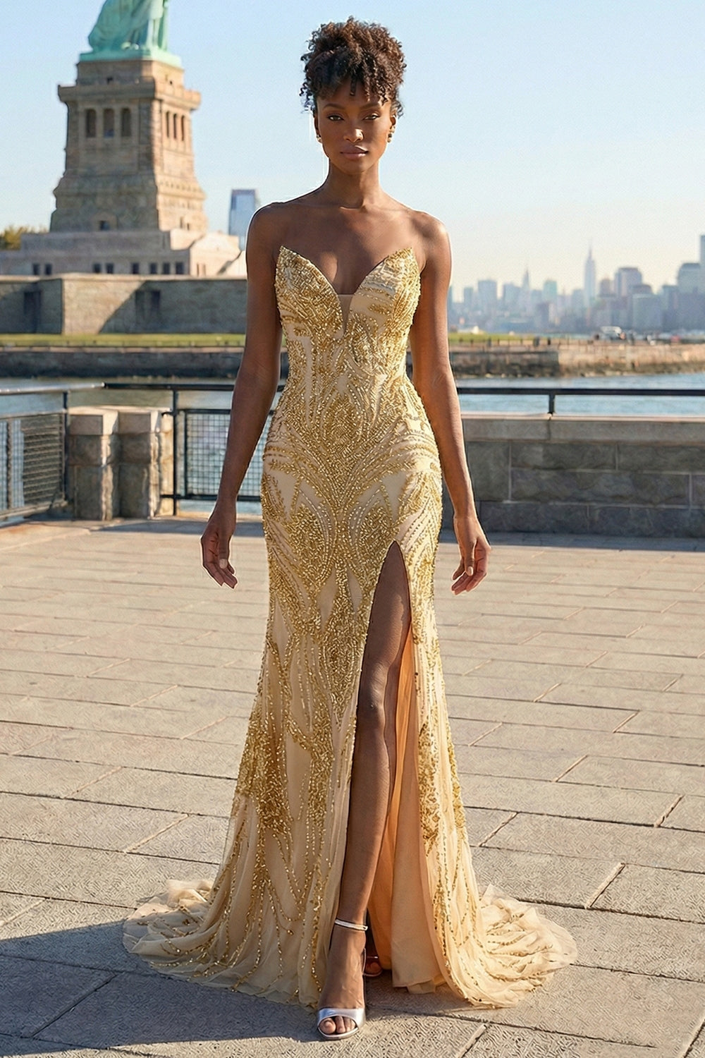 Golden Sweetheart Mermaid Beaded Long Prom Dress with Slit