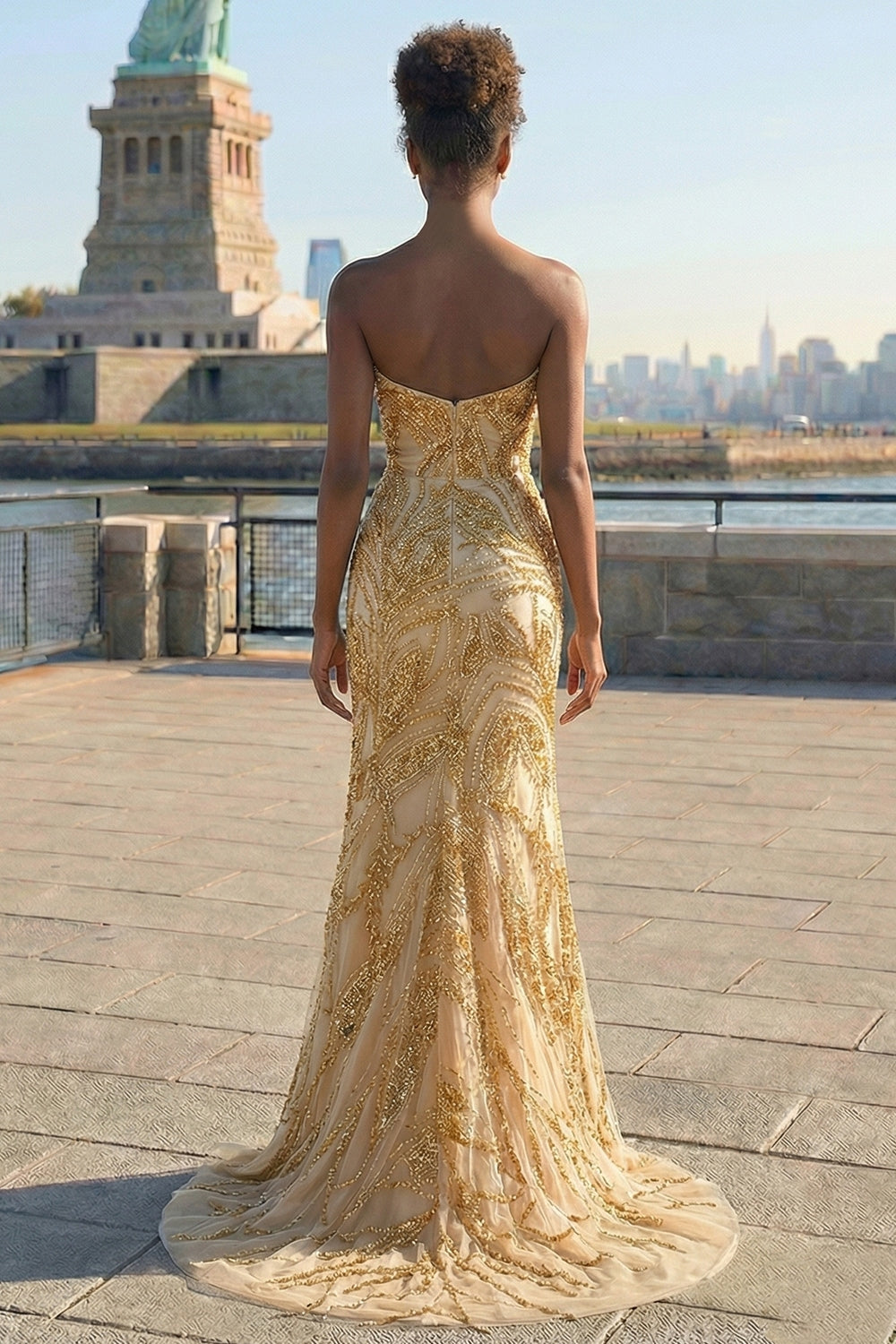 Golden Sweetheart Mermaid Beaded Long Prom Dress with Slit