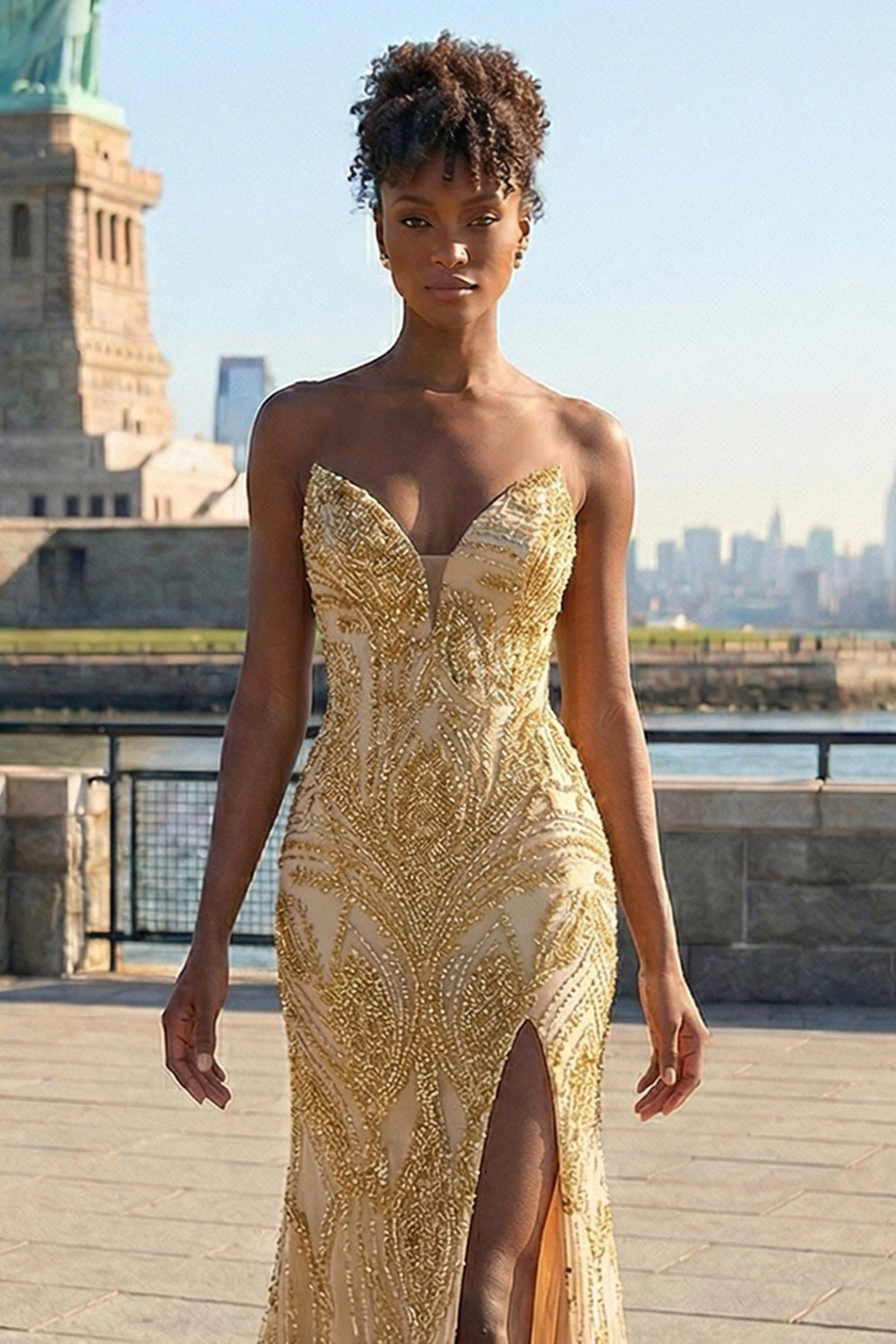 Golden Sweetheart Mermaid Beaded Long Prom Dress with Slit