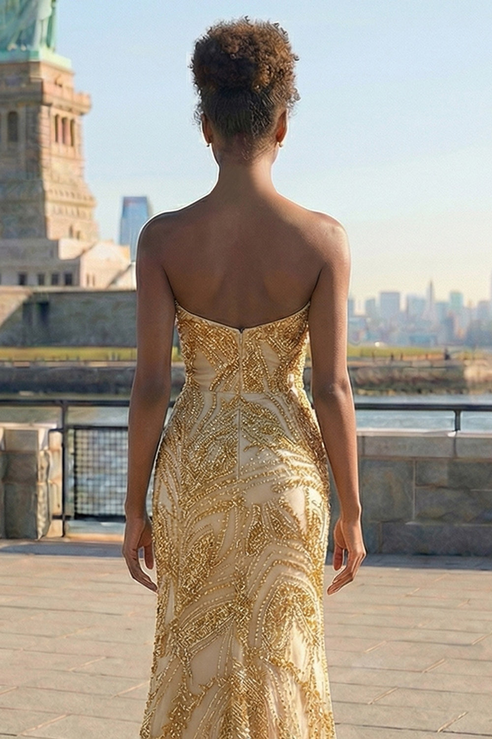 Golden Sweetheart Mermaid Beaded Long Prom Dress with Slit