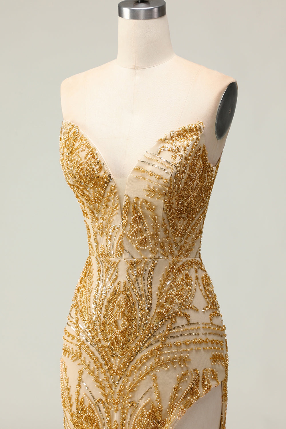 Golden Sweetheart Mermaid Beaded Long Prom Dress with Slit