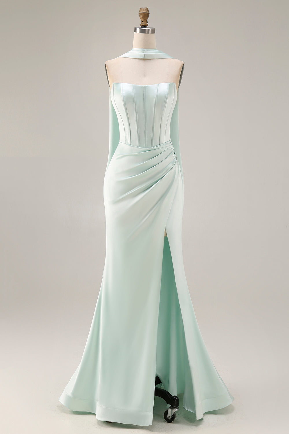 Light Green Strapless Mermaid Corset Side Slit Maxi Dress with a Neck Scarf