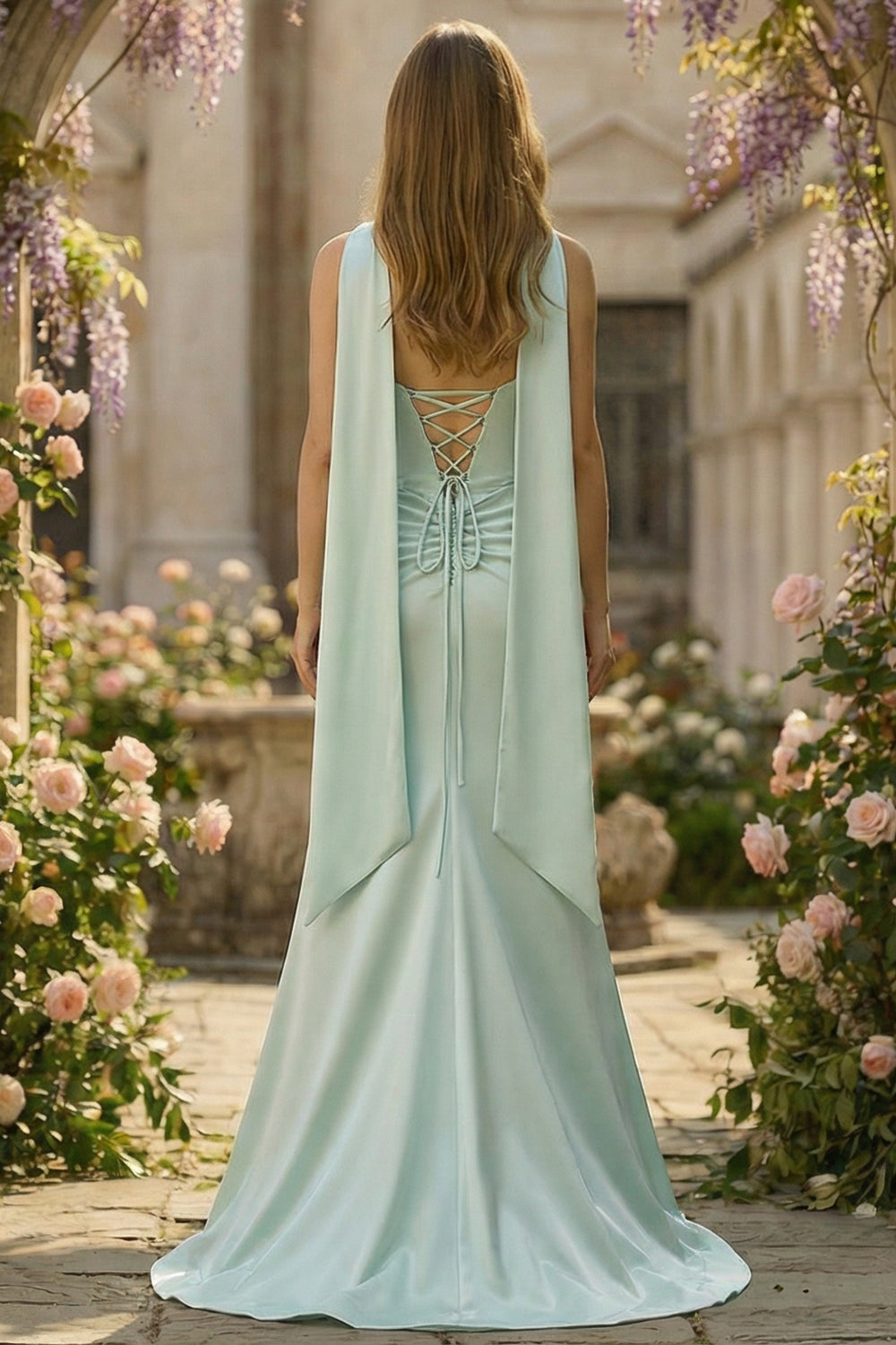 Strapless Corset Mermaid Light Green Satin Side Slit Maxi Dress with a Neck Scarf