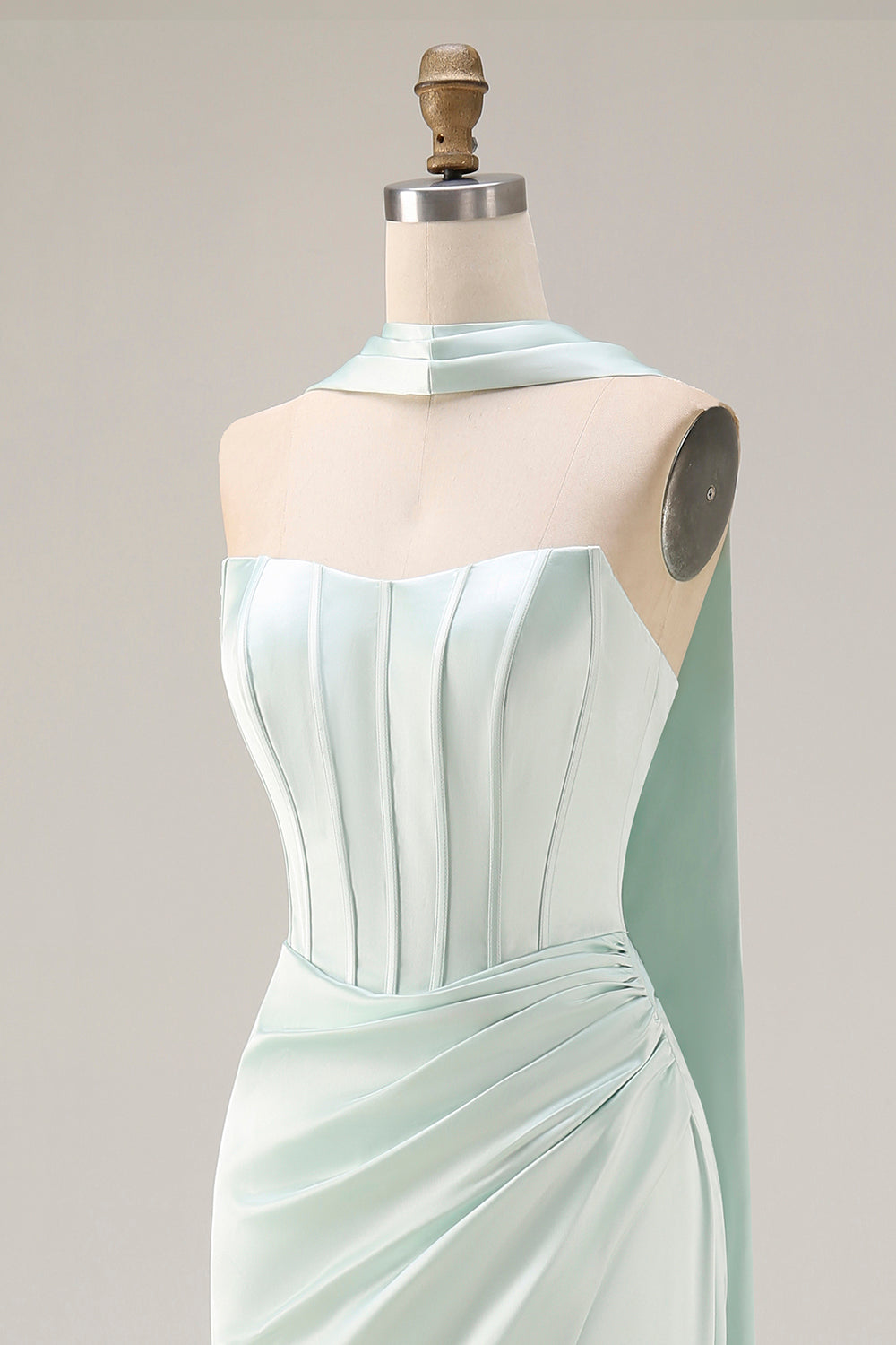 Light Green Strapless Mermaid Corset Side Slit Maxi Dress with a Neck Scarf