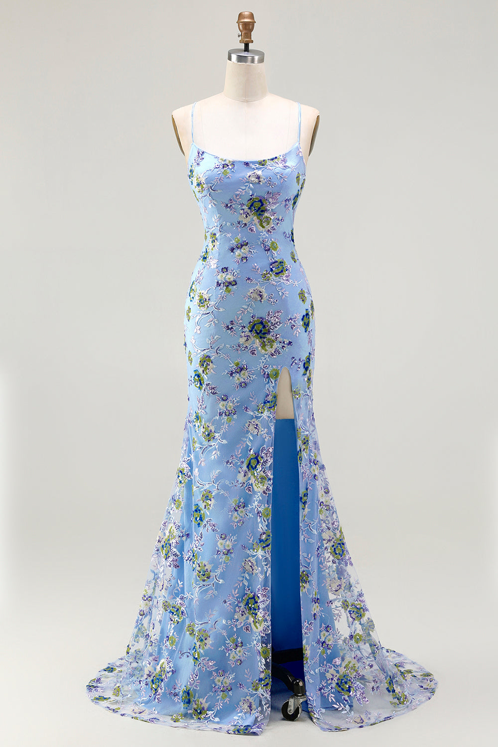 Black Mermaid Sequins Floral Lace-Up Back Long Prom Dress with Slit