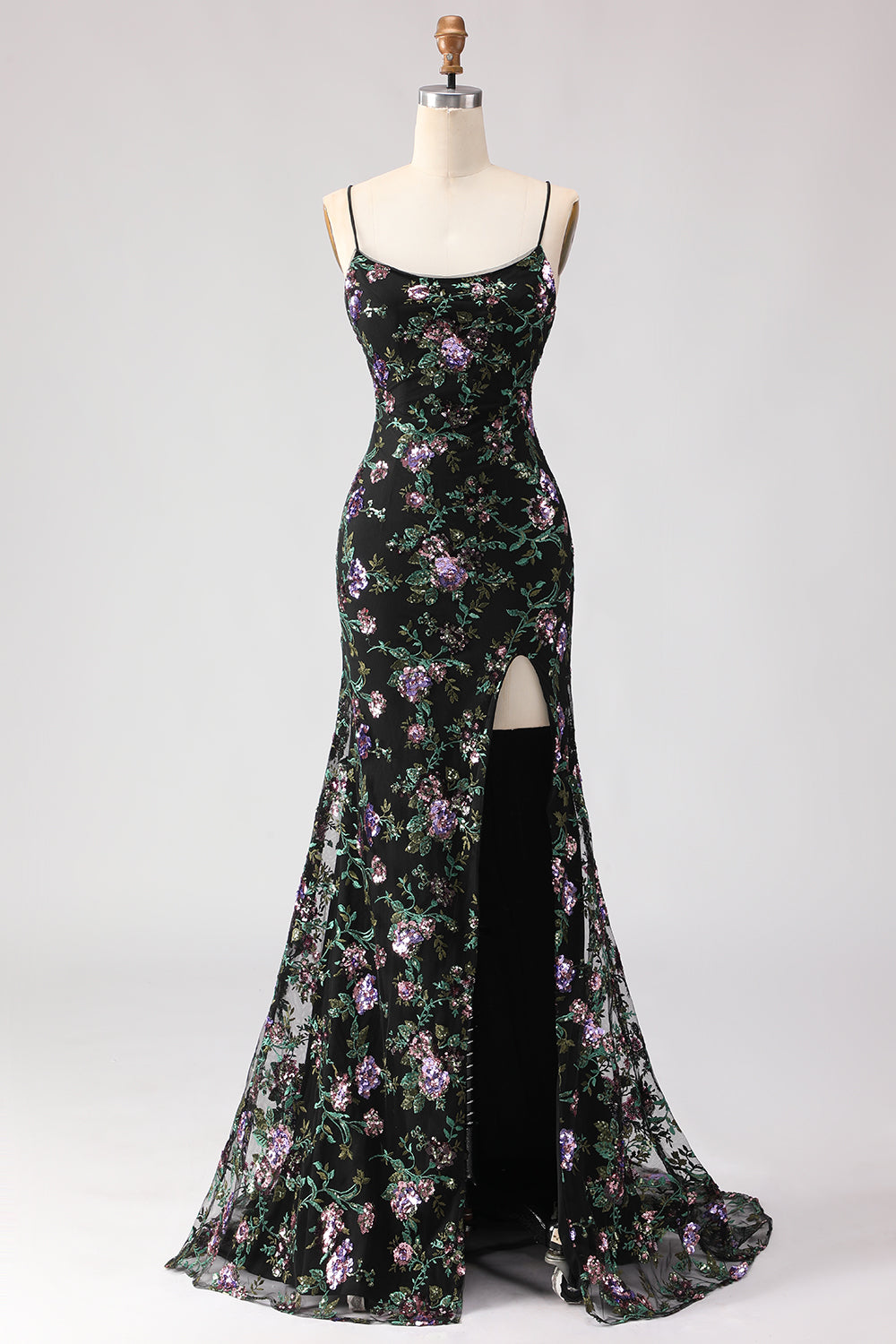Black Mermaid Sequins Floral Lace-Up Back Long Prom Dress with Slit