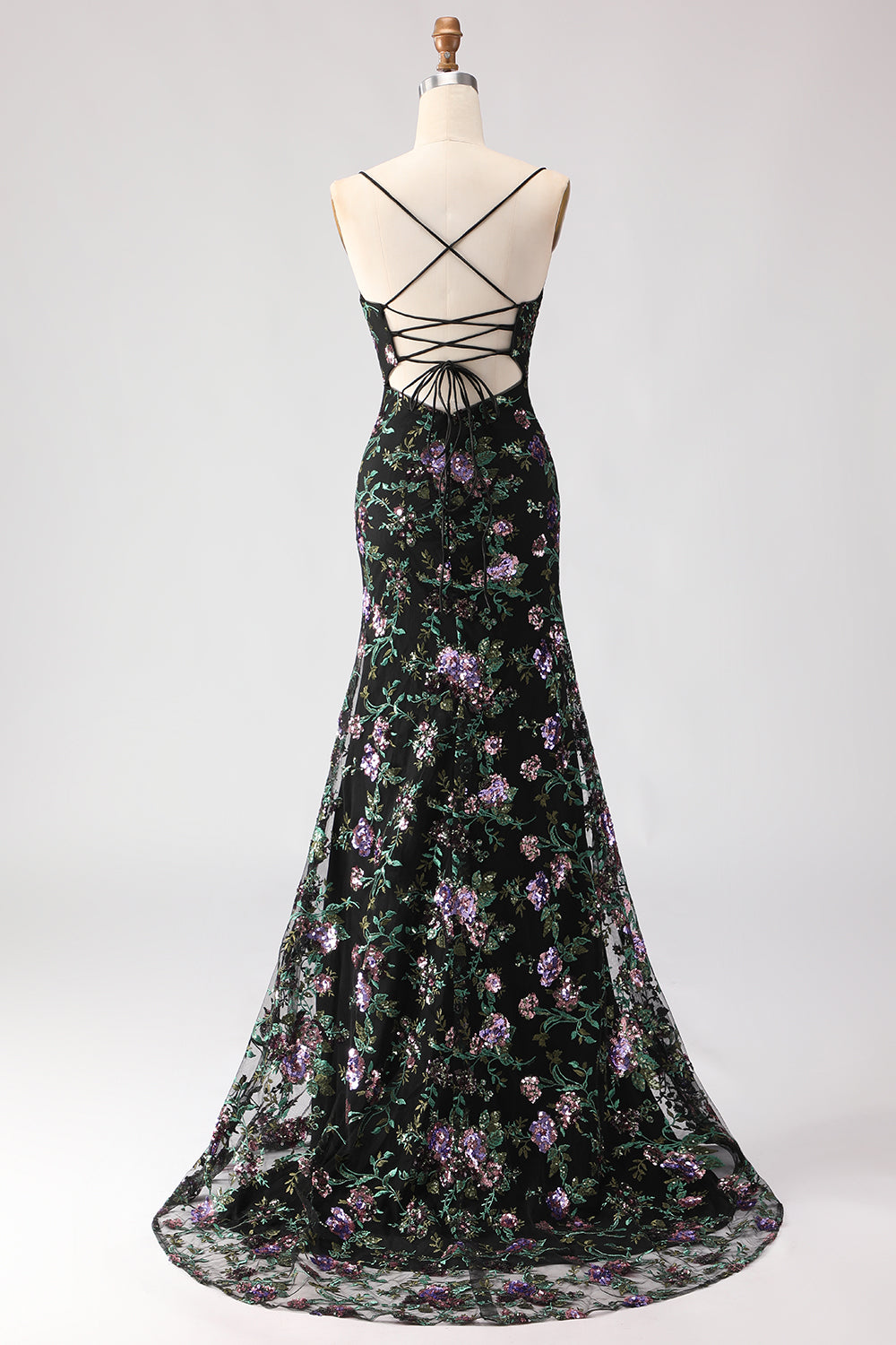 Black Mermaid Sequins Floral Lace-Up Back Long Prom Dress with Slit