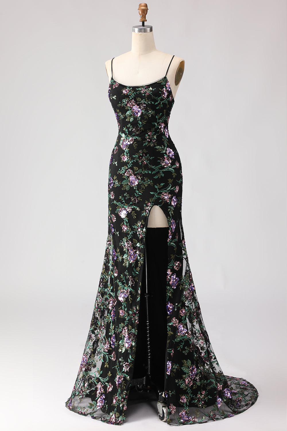 Black Mermaid Sequins Floral Lace-Up Back Long Prom Dress with Slit