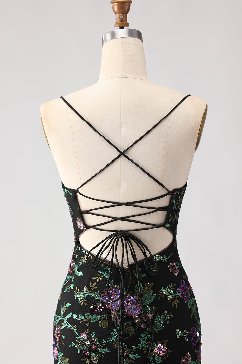 Black Mermaid Sequins Floral Lace-Up Back Long Prom Dress with Slit