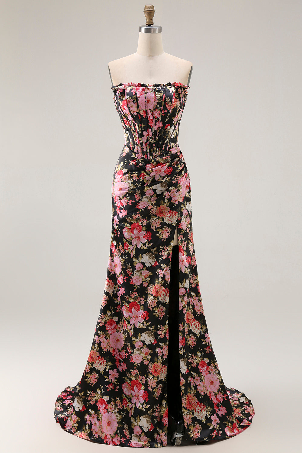 Black Pink Floral Mermaid Strapless Corset Long Prom Dress with Slit
