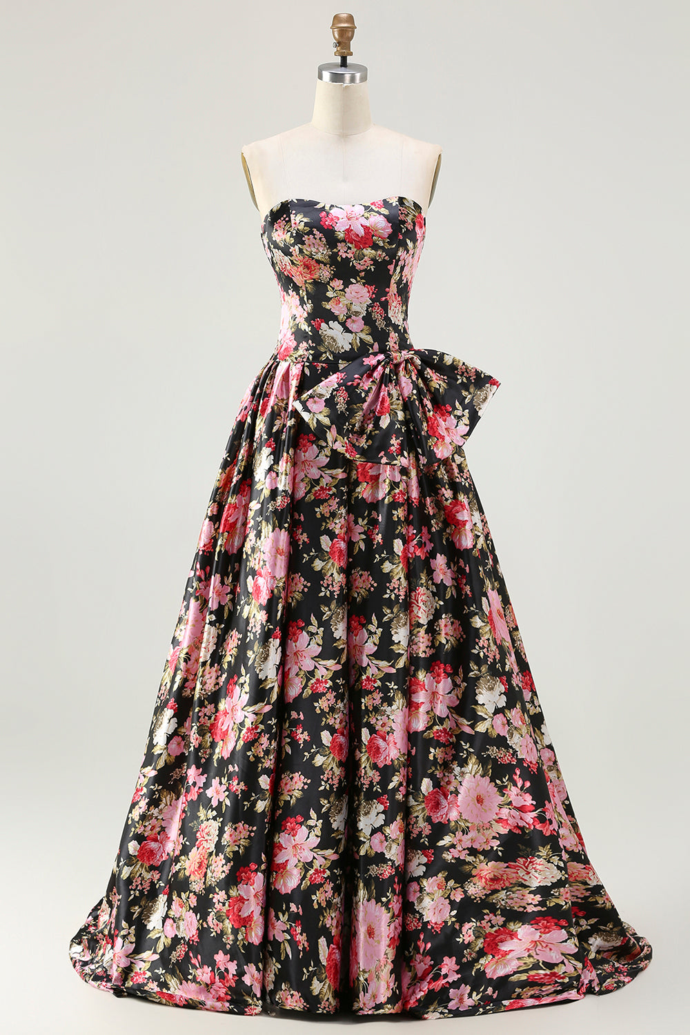 Black Pink A-Line Strapless Floral Print Long Prom Dress with Bow