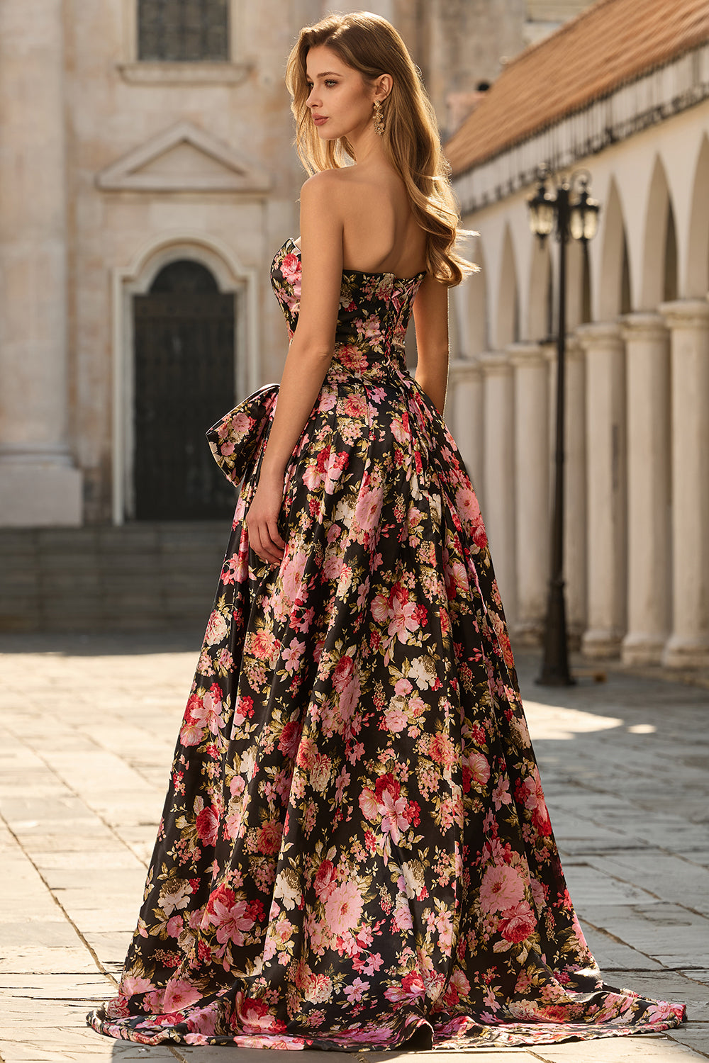Black Pink A-Line Strapless Floral Print Long Prom Dress with Bow
