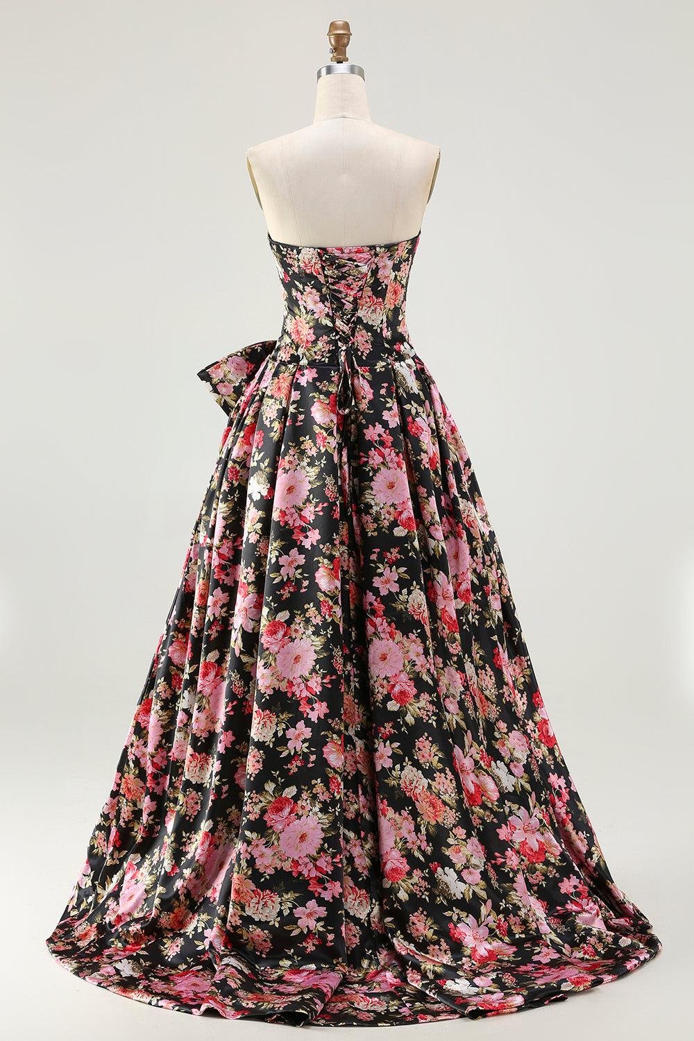 Black Pink A-Line Strapless Floral Print Long Prom Dress with Bow