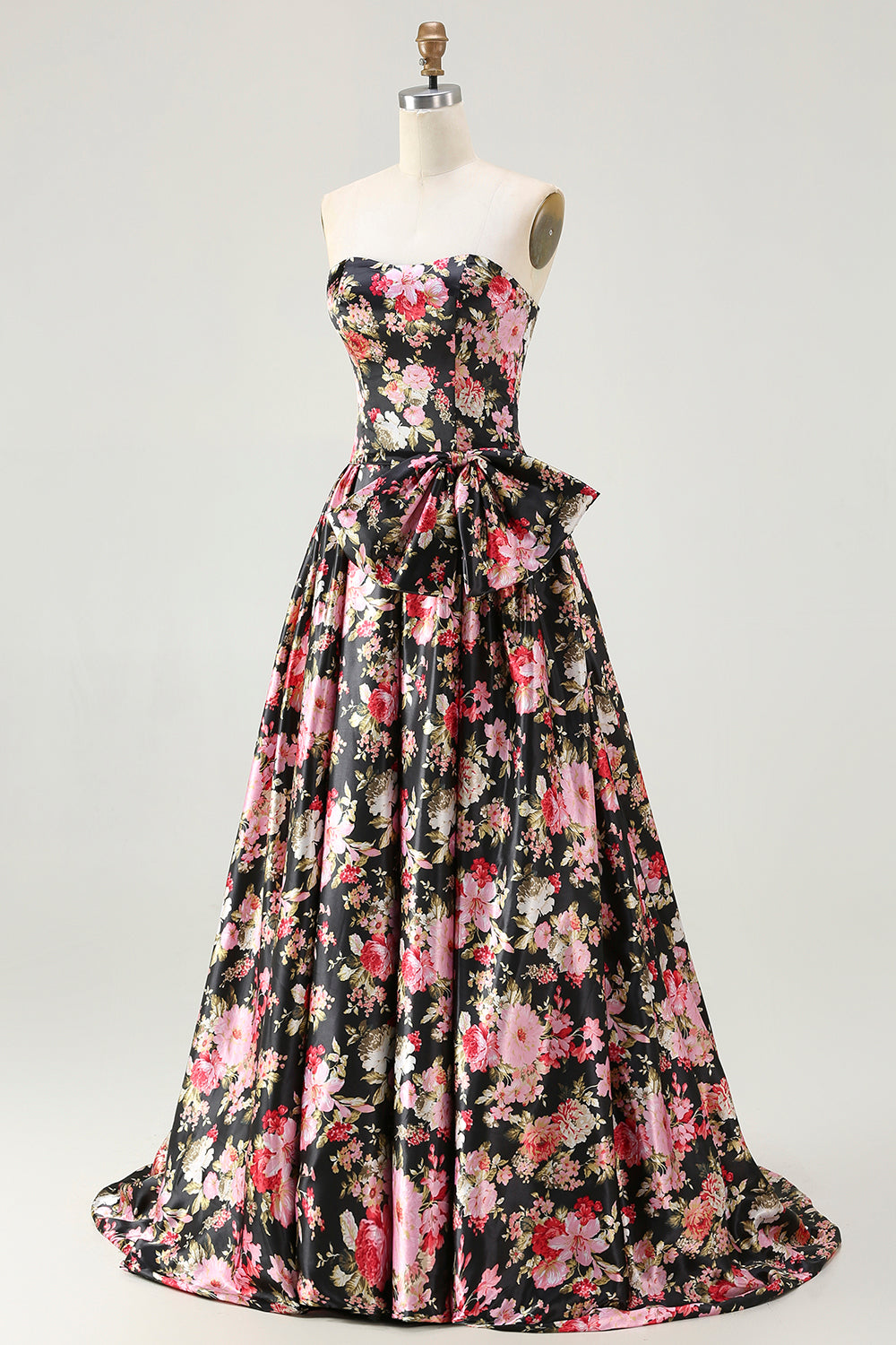 Strapless A Line White Pink Flower Printed Long Prom Dress with Bow