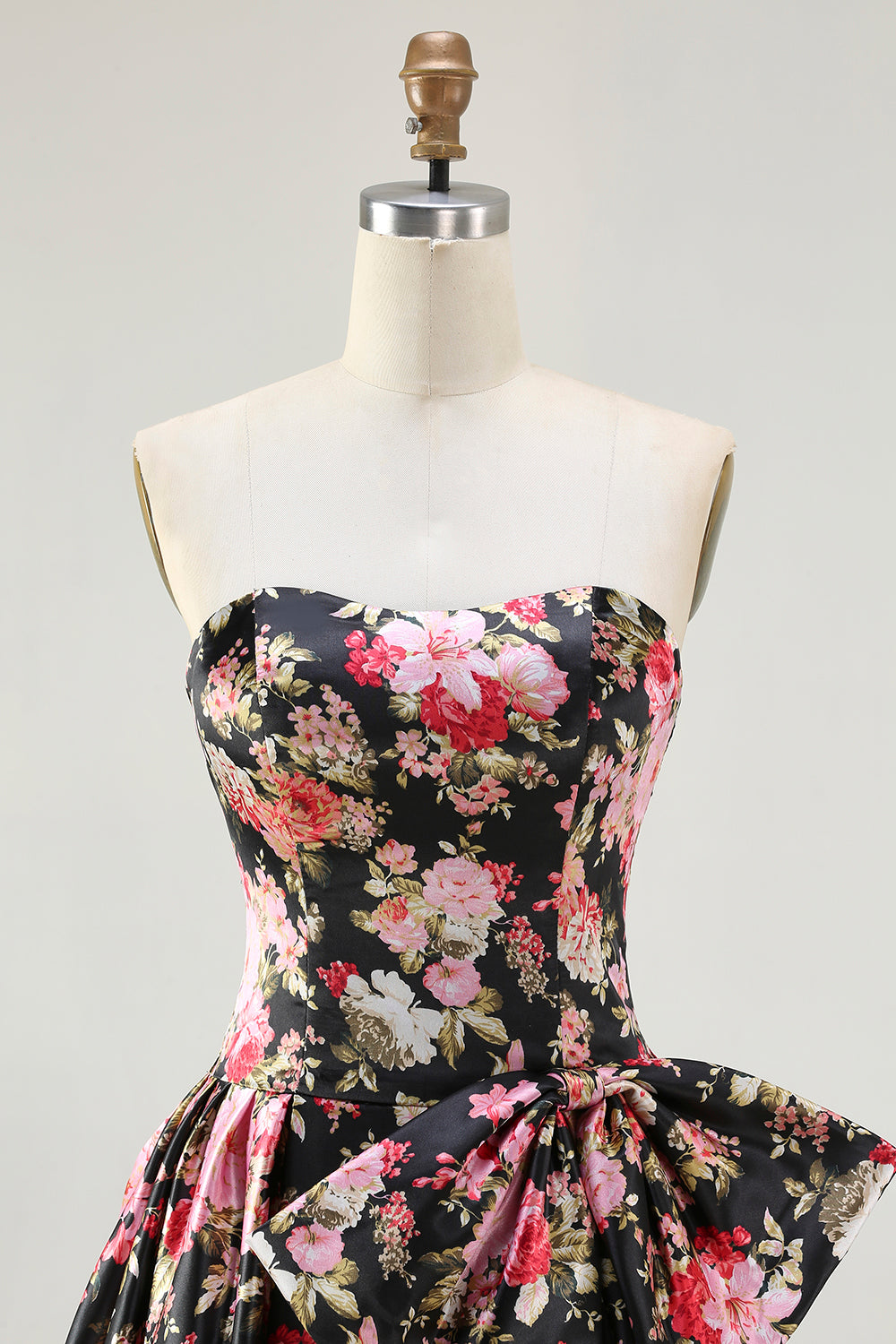 Strapless A Line White Pink Flower Printed Long Prom Dress with Bow