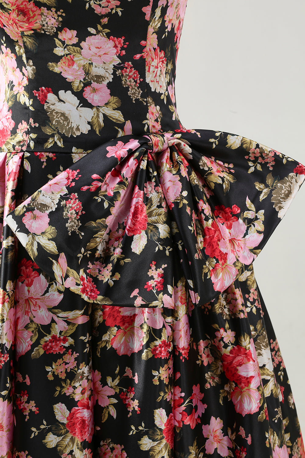 Strapless A Line White Pink Flower Printed Long Prom Dress with Bow