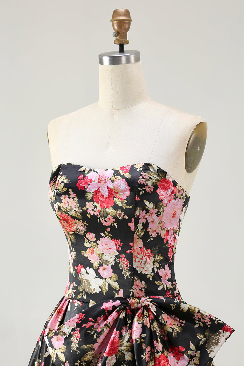 Strapless A Line White Pink Flower Printed Long Prom Dress with Bow