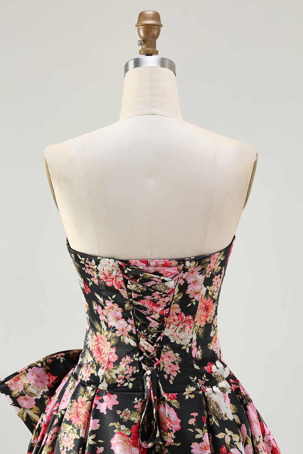 Strapless A Line White Pink Flower Printed Long Prom Dress with Bow
