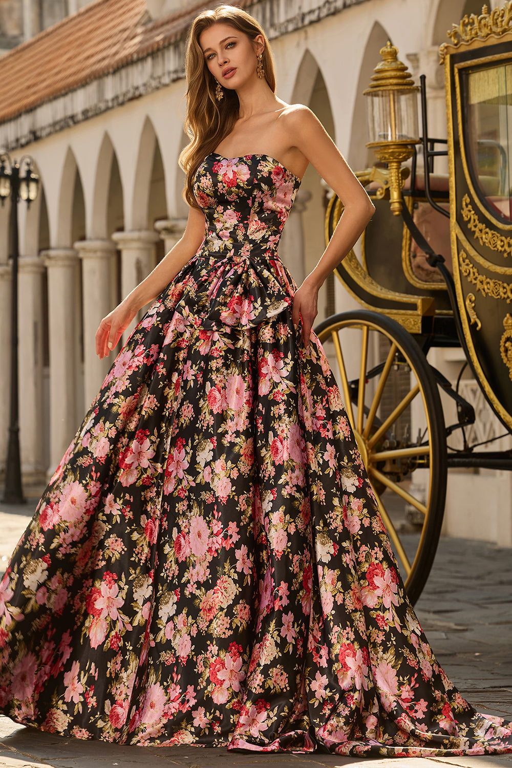 Black Pink A-Line Strapless Floral Print Long Prom Dress with Bow