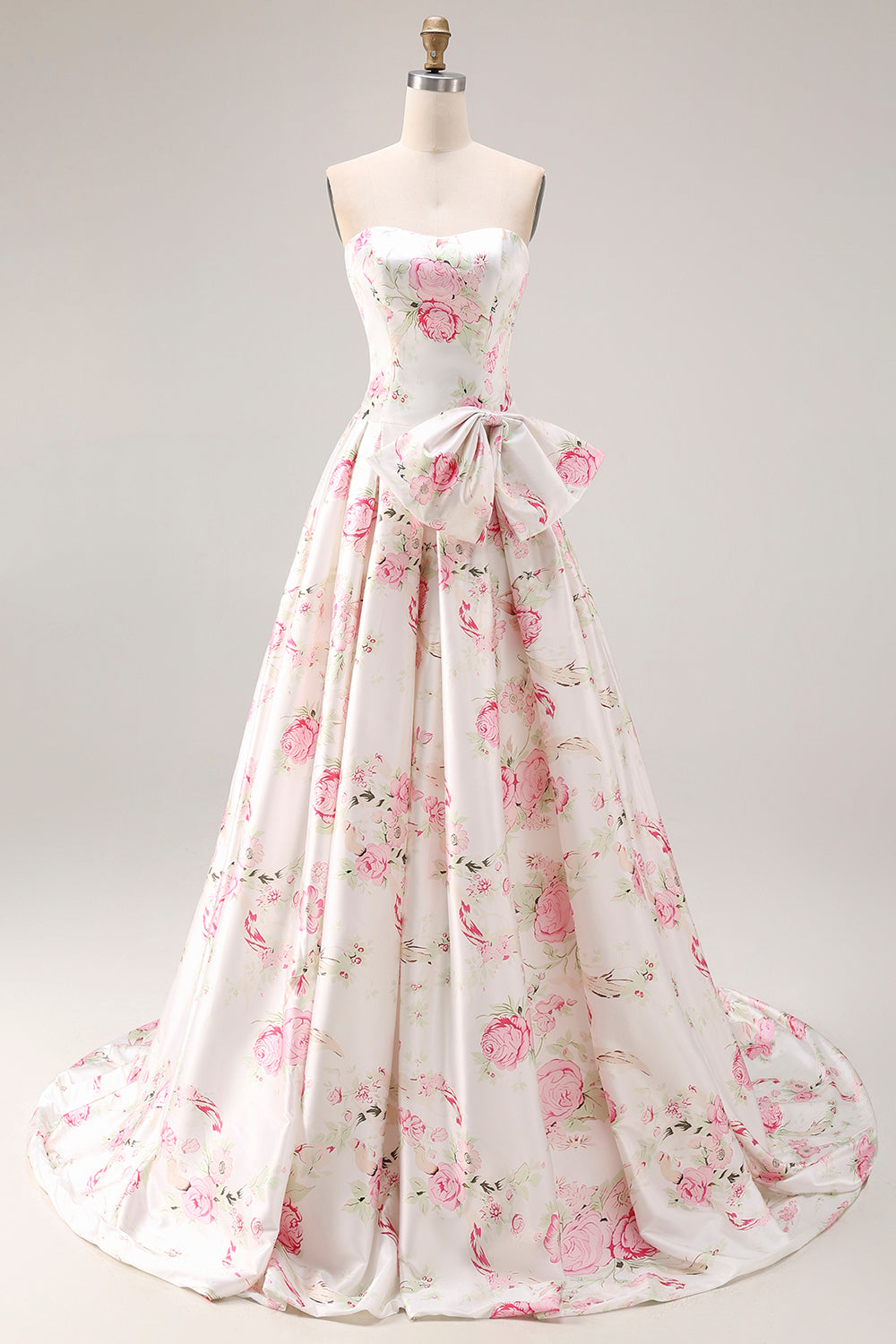 Strapless A Line White Pink Flower Printed Long Prom Dress with Bow