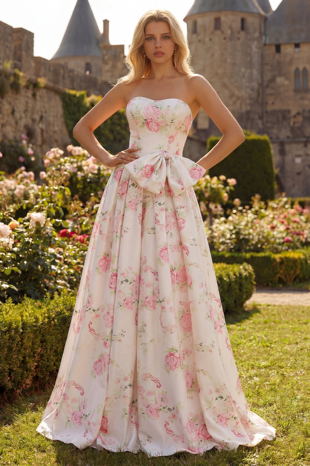 Strapless A Line White Pink Flower Printed Long Prom Dress with Bow