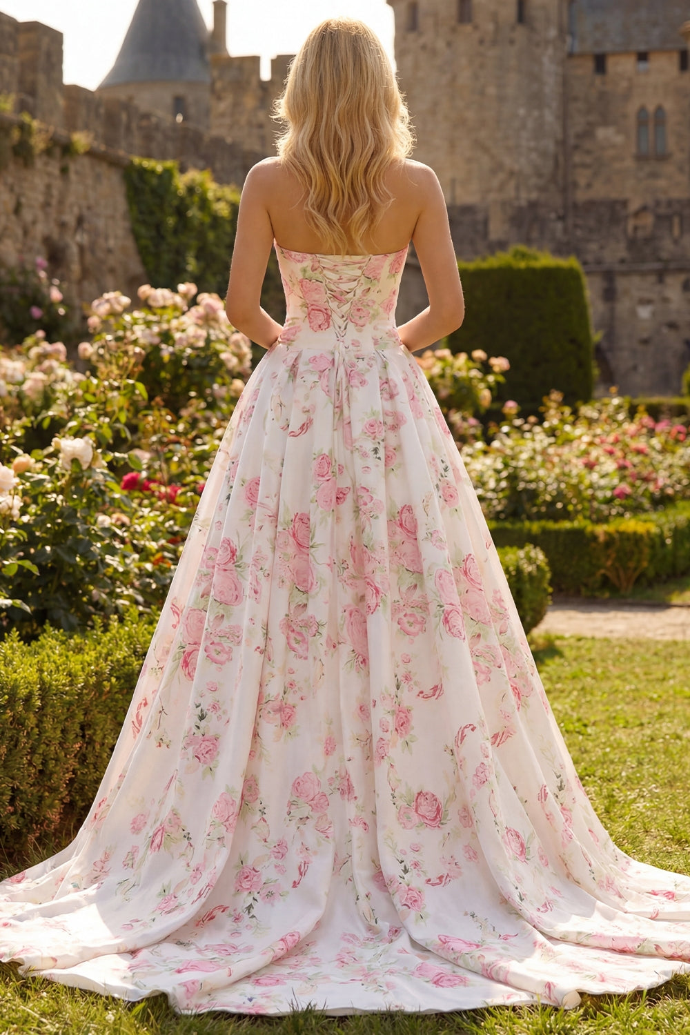 Strapless A Line White Pink Flower Printed Long Prom Dress with Bow