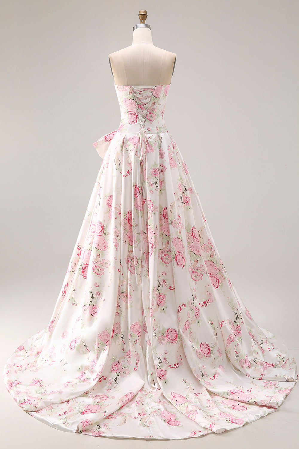 Black Pink A-Line Strapless Floral Print Long Prom Dress with Bow