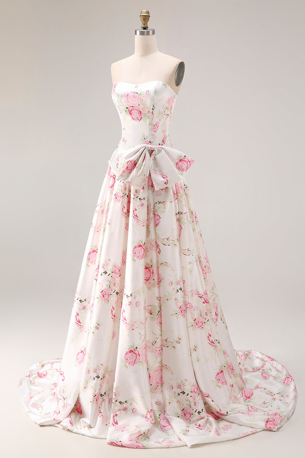 Black Pink A-Line Strapless Floral Print Long Prom Dress with Bow