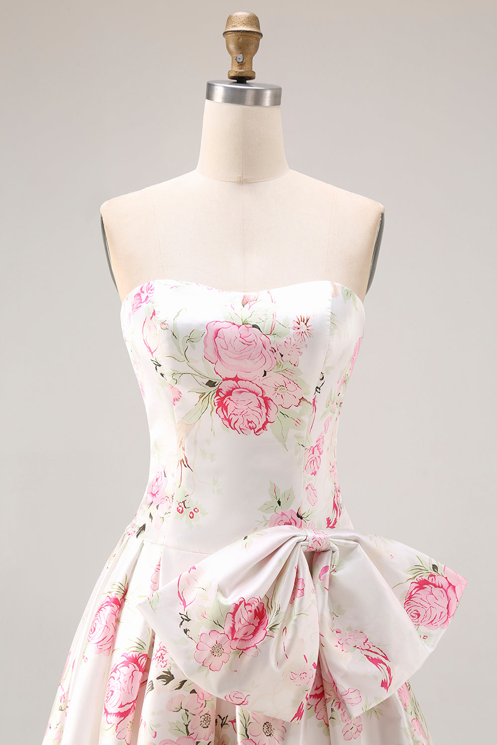 Black Pink A-Line Strapless Floral Print Long Prom Dress with Bow