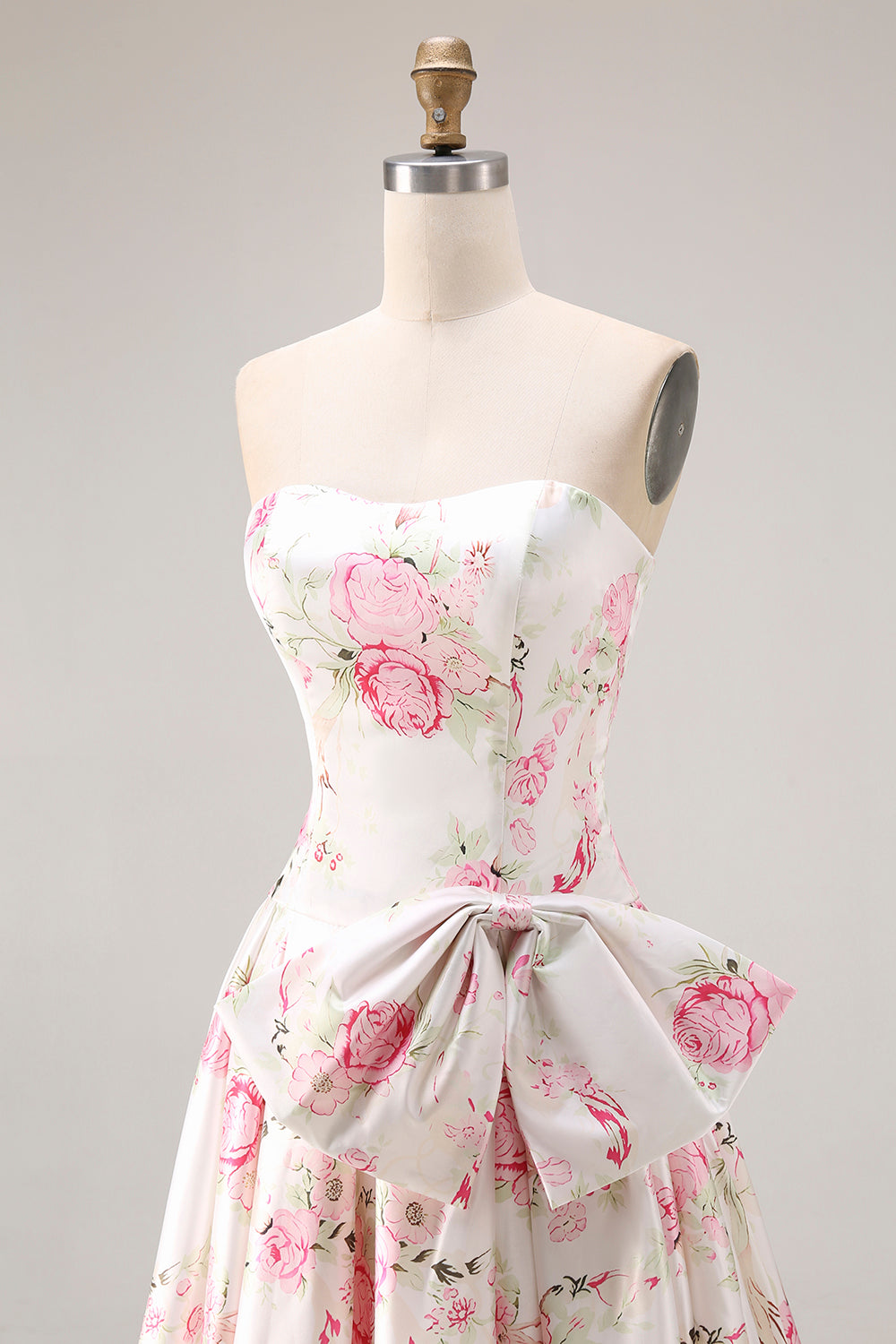 Black Pink A-Line Strapless Floral Print Long Prom Dress with Bow