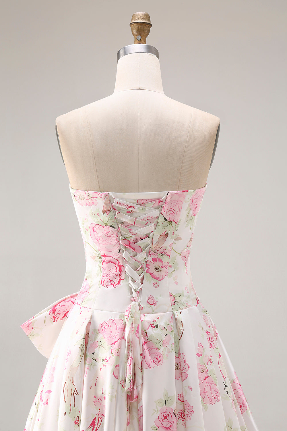 Strapless A Line White Pink Flower Printed Long Prom Dress with Bow