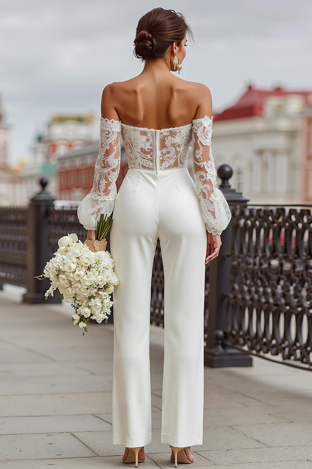 White Lace Off the Shoulder Bridal Jumpsuits with Pockets