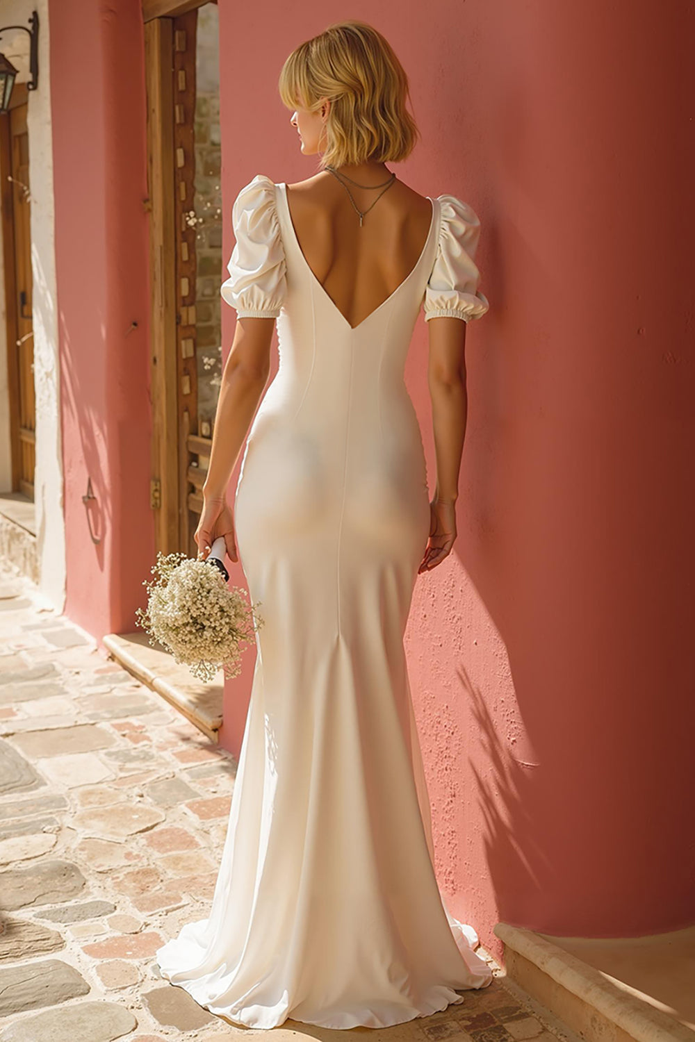Robe de mariée sirène blanche col en V avec fente