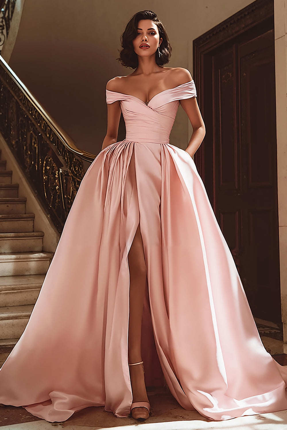 Robe de mariée bustier en satin blanc à traîne avec fente