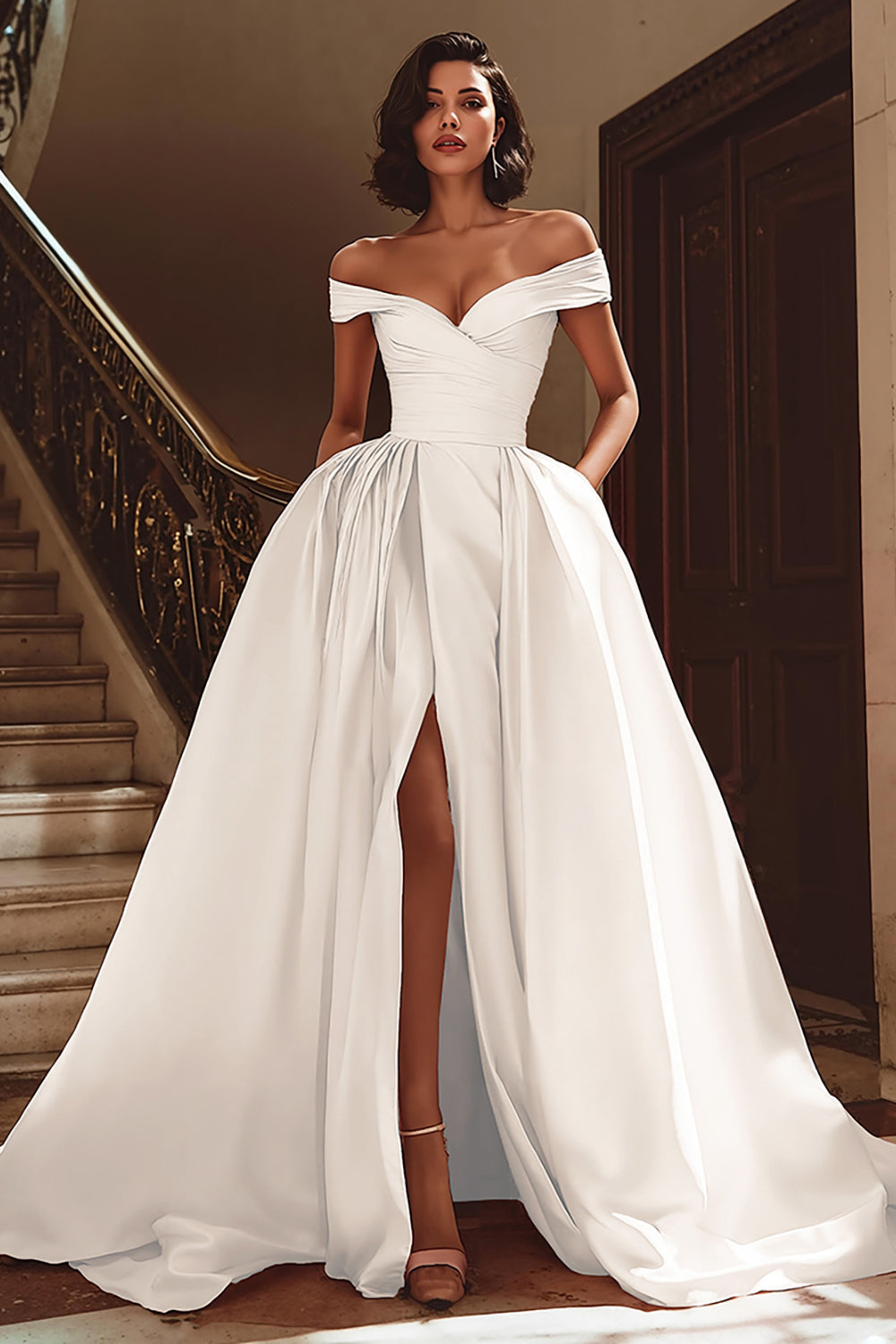 Robe de mariée bustier en satin blanc à traîne avec fente