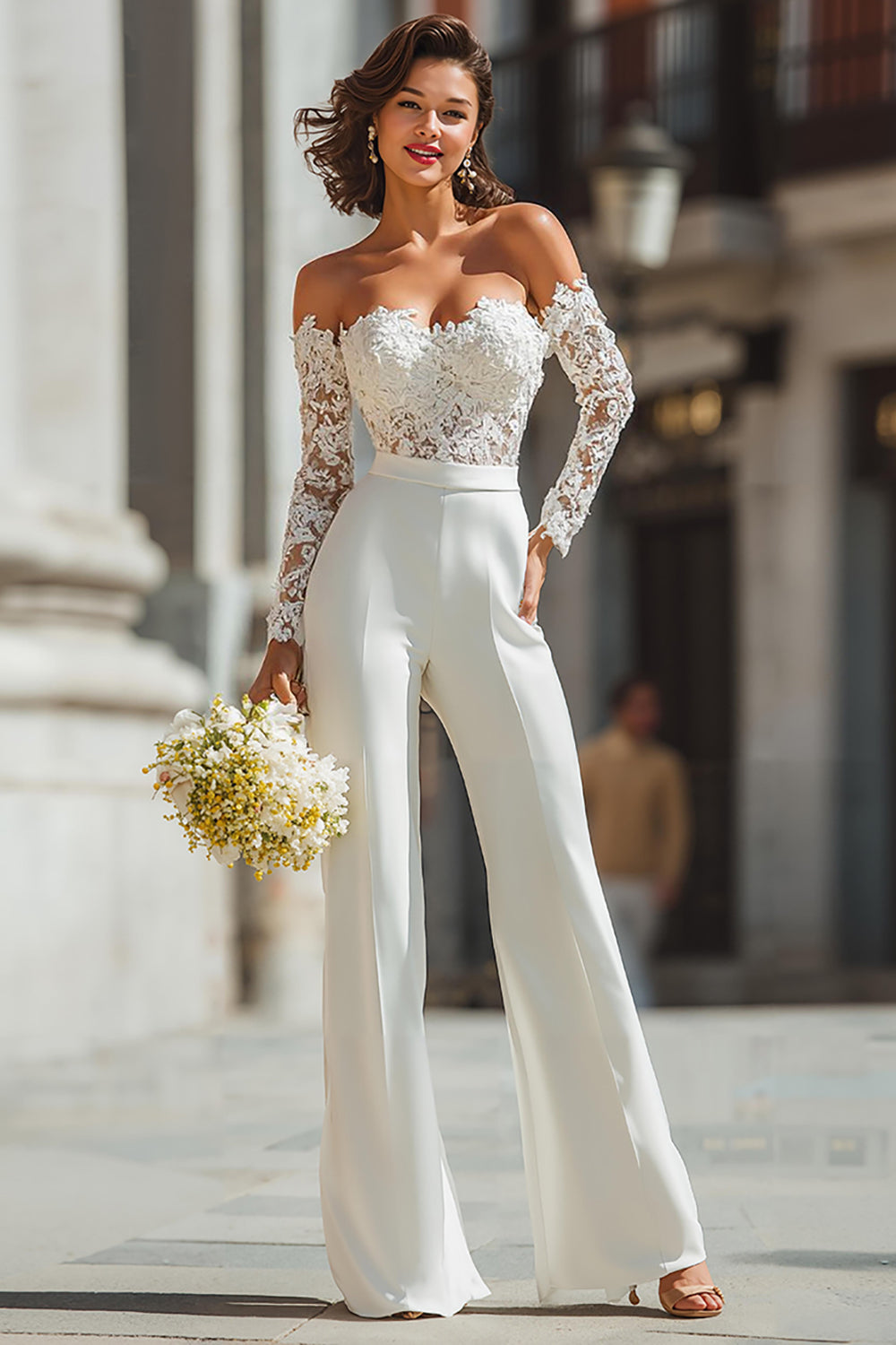 Off-the-Shoulder Lace White Wedding Jumpsuits