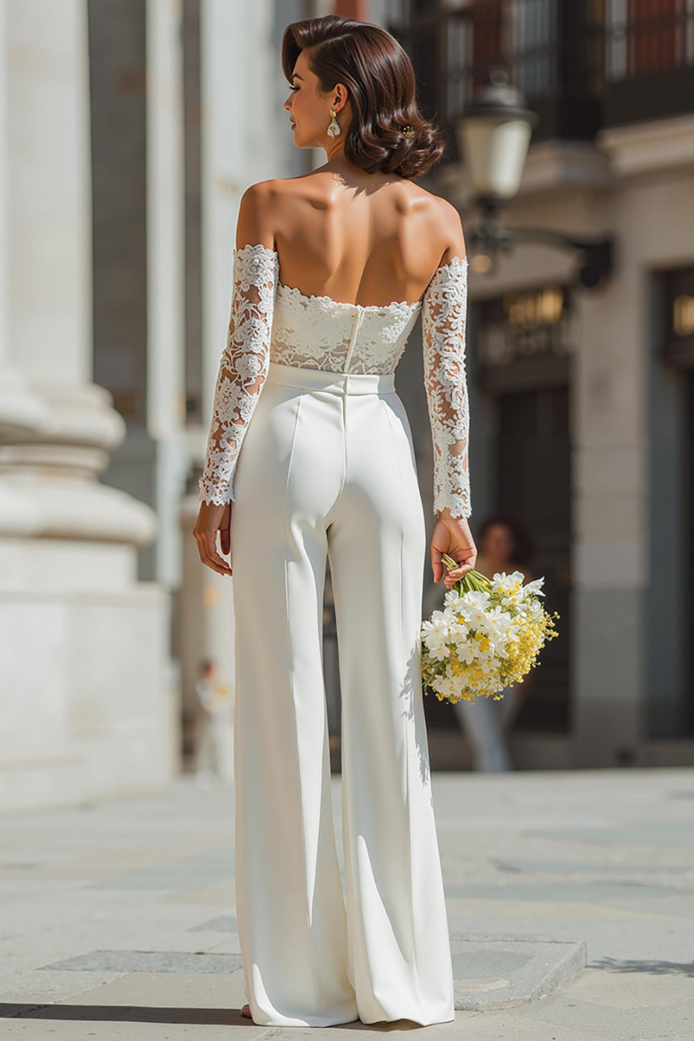 Off-the-Shoulder Lace White Wedding Jumpsuits