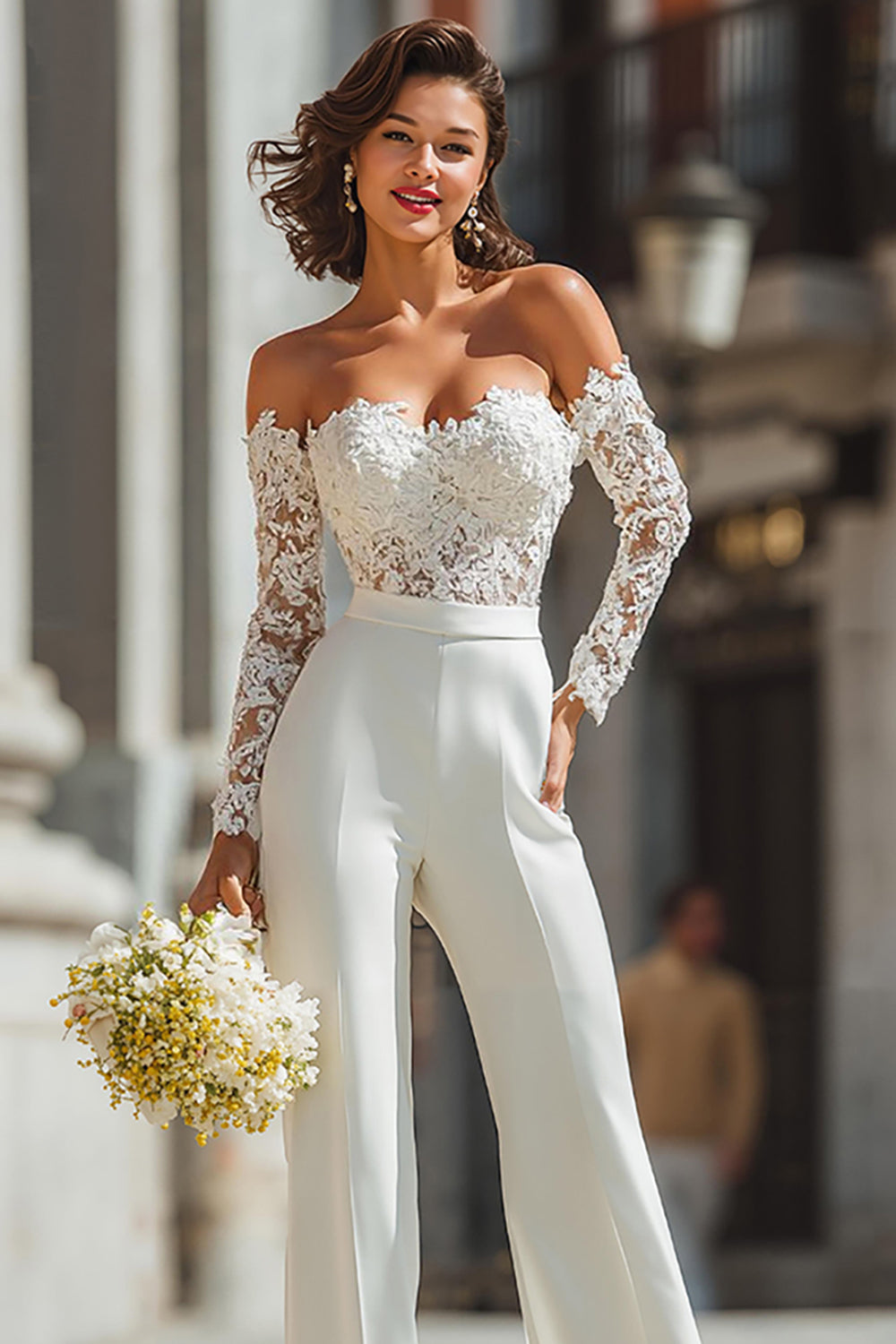 Off-the-Shoulder Lace White Wedding Jumpsuits
