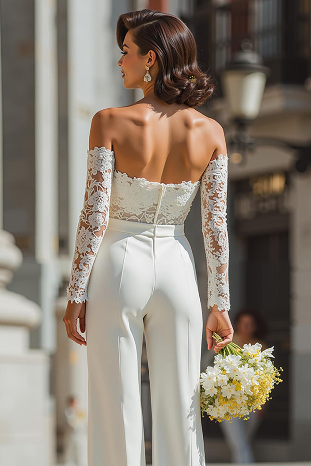 Off-the-Shoulder Lace White Wedding Jumpsuits