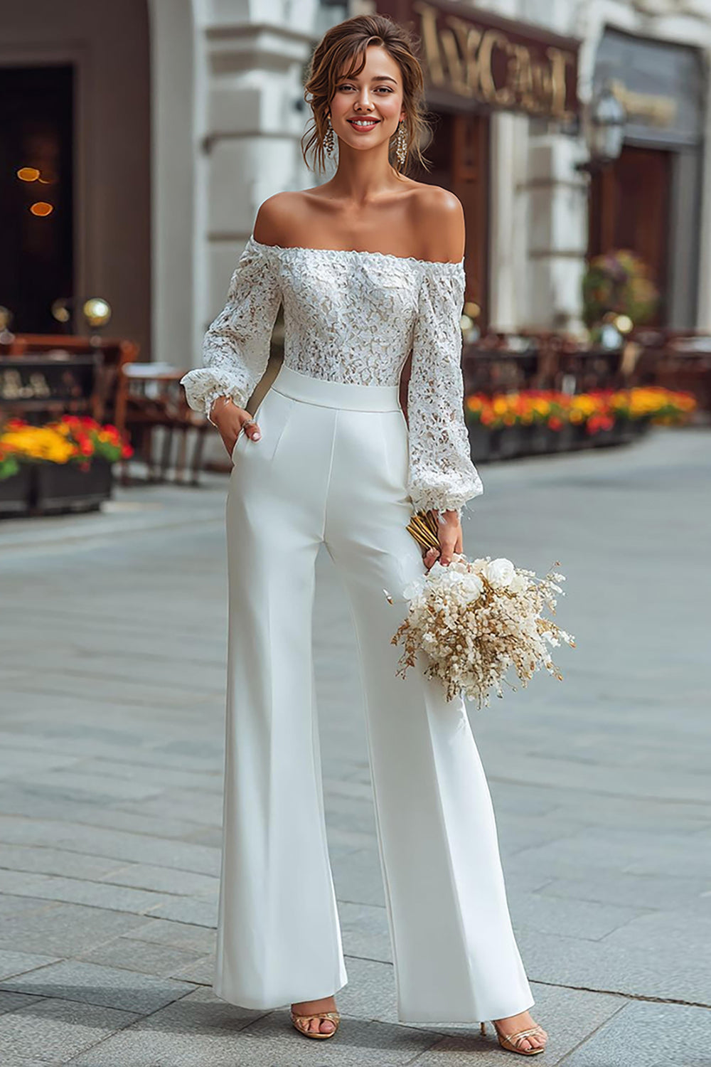 Off-the-Shoulder White Lace Wedding Jumpsuits
