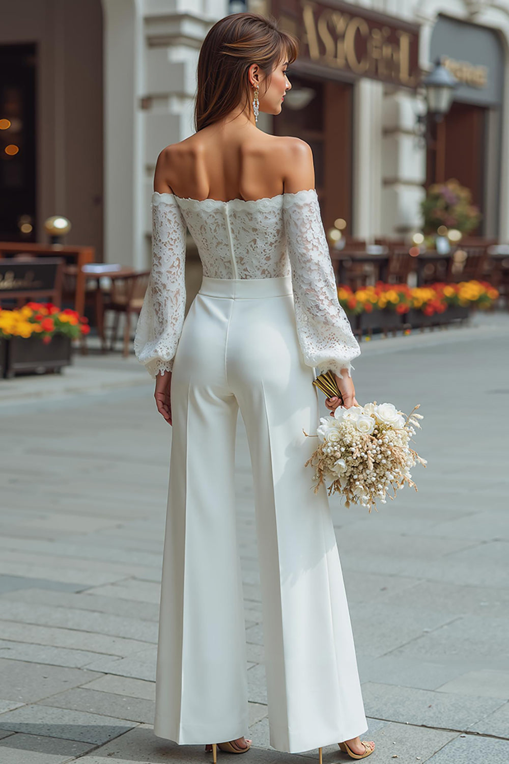 Off-the-Shoulder White Lace Wedding Jumpsuits
