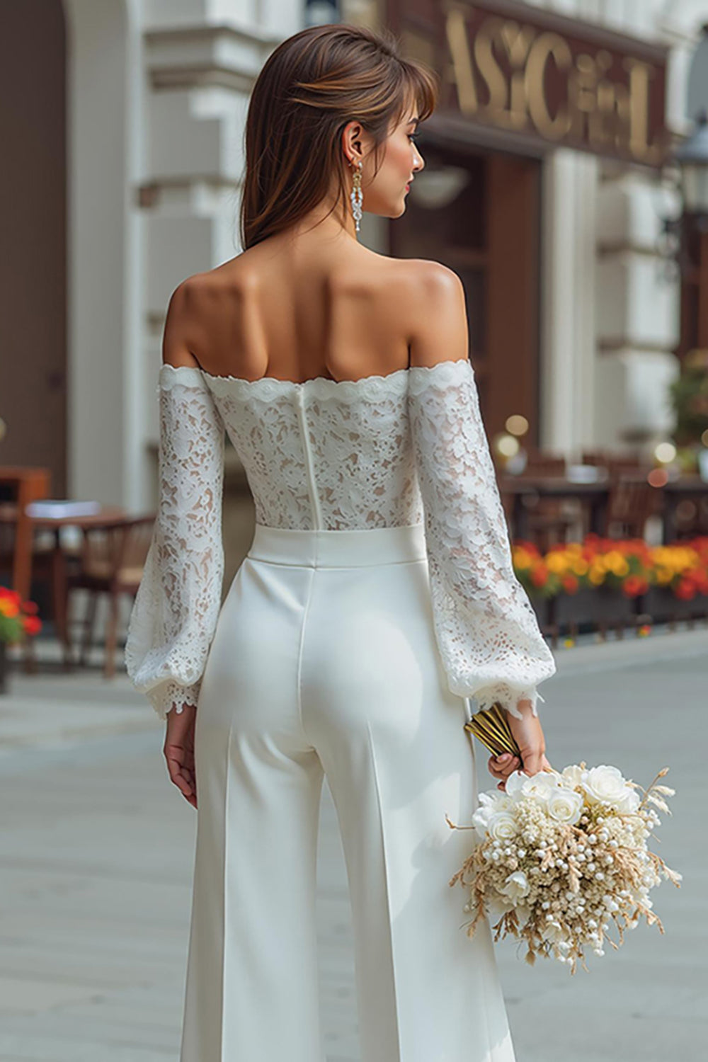 Off-the-Shoulder White Lace Wedding Jumpsuits