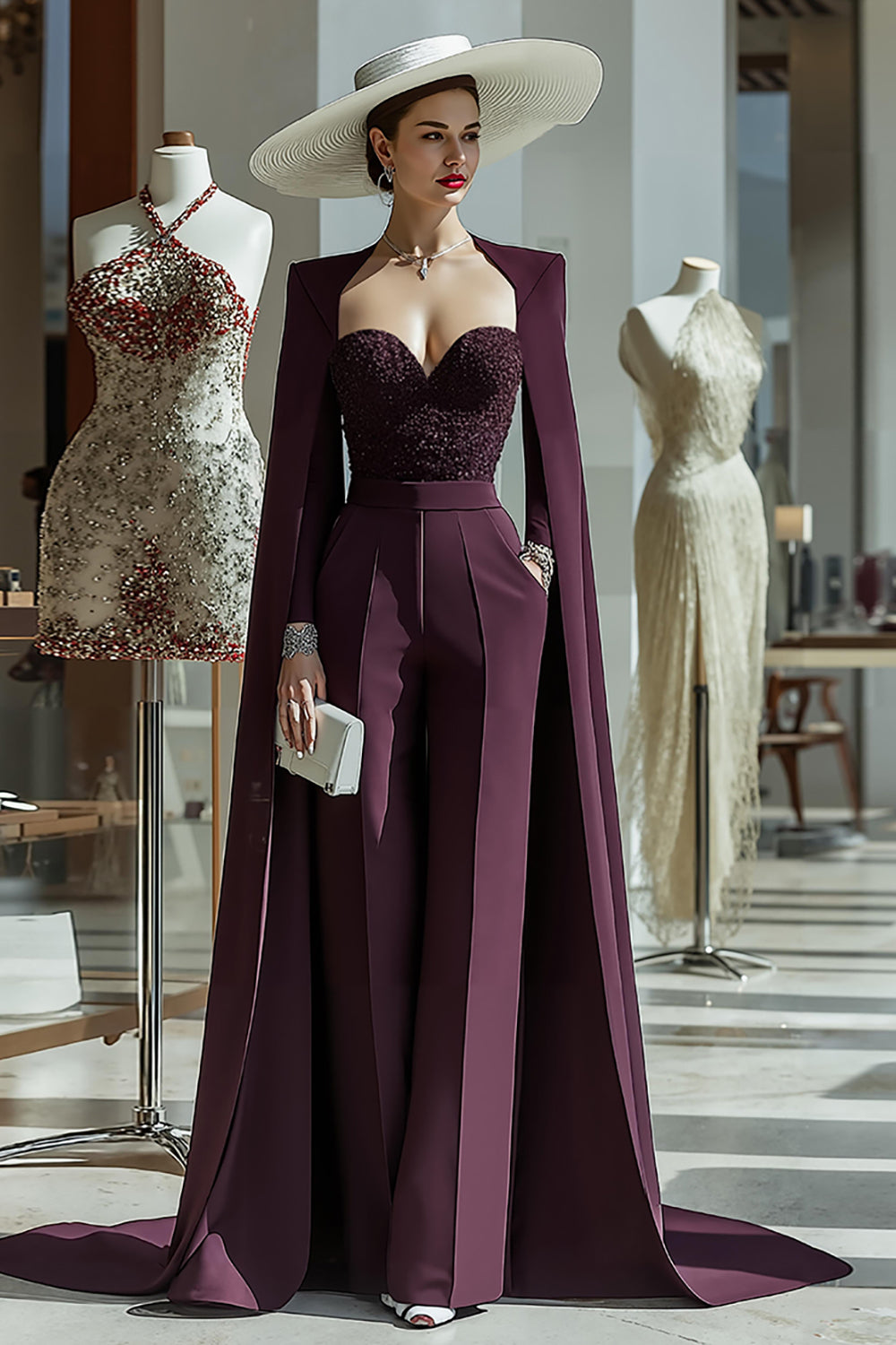 Cabernet Long Sleeves Mother Of The Bride Jumpsuits with Pockets